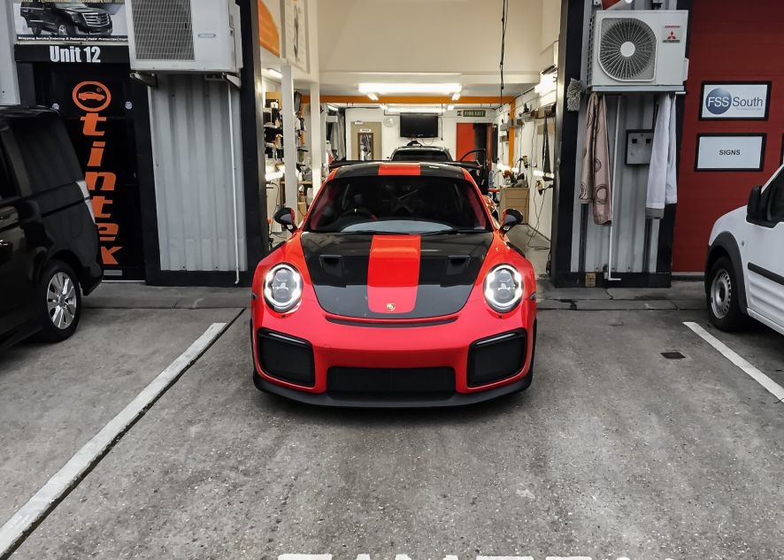 Paint protection film on Porsche 911 GT2RS red car